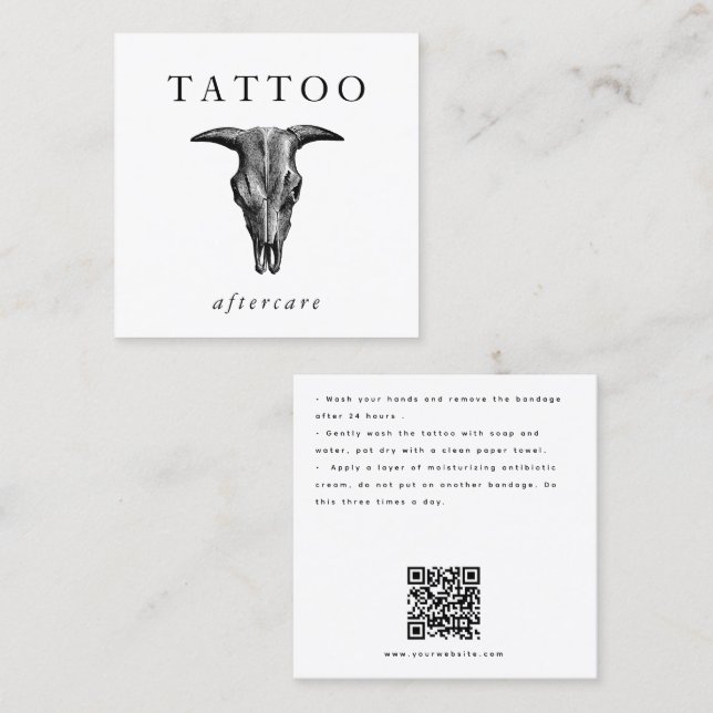 Bull Skull Tattoo Aftercare Instructions QR Code Square Business Card (Front/Back)