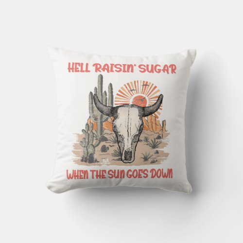 Bull Skull Vintage Western Desert when the sun goe Throw Pillow