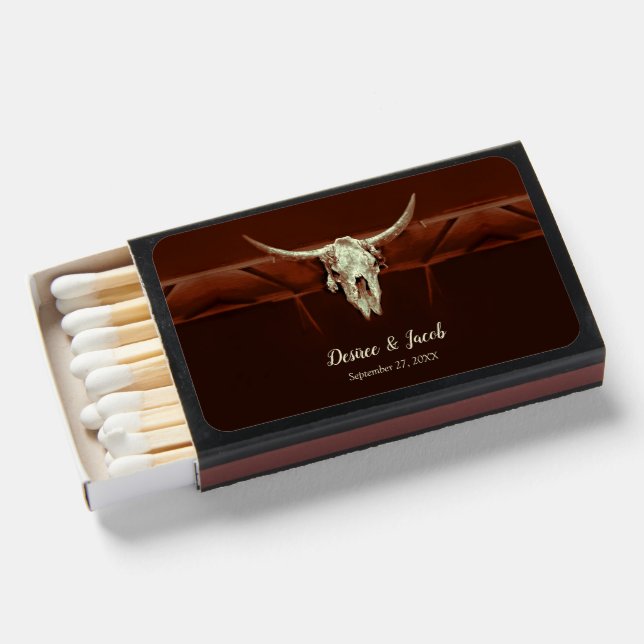 Bull Skull Wedding Brown Rustic Country Western Matchboxes (Front Open)