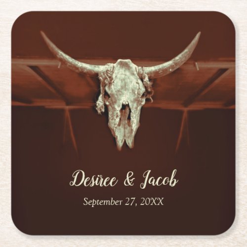 Bull Skull Wedding Rustic Brown Country Western Square Paper Coaster