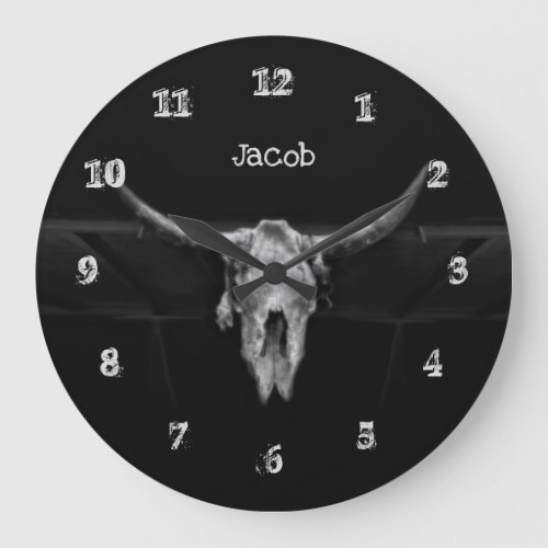 Bull Skull Western Black And White Rustic Country Large Clock