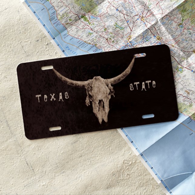 Bull Skull Western Brown Country Rustic Texas License Plate (In Situ)