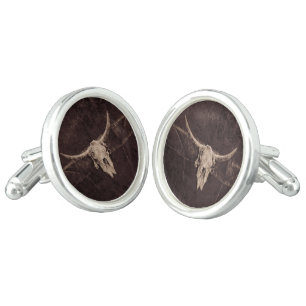 Bull Skull Western Country Brown Beige Old Rustic Cufflinks