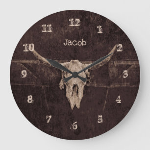 Bull Skull Western Country Brown Beige Old Rustic Large Clock