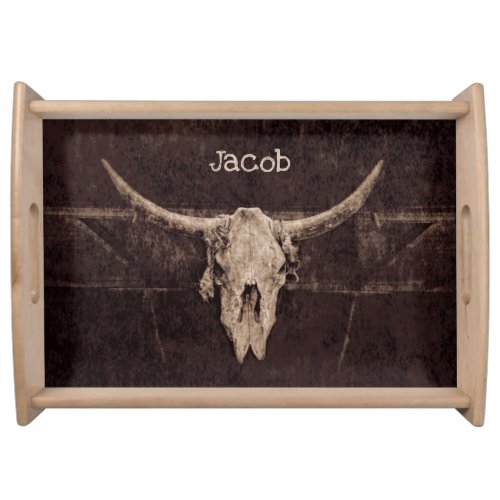 Bull Skull Western Country Brown Beige Old Rustic Serving Tray