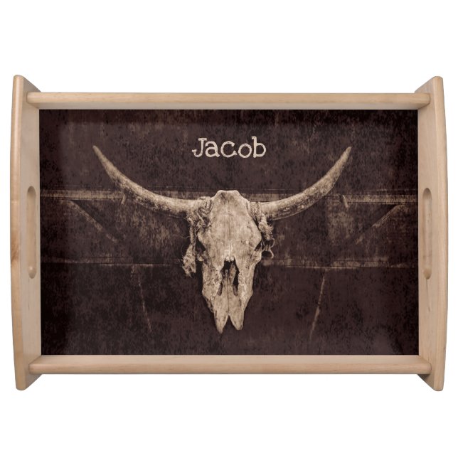 Bull Skull Western Country Brown Beige Old Rustic Serving Tray (Front)