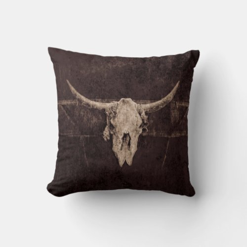Bull Skull Western Country Brown Beige Old Rustic Throw Pillow