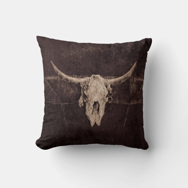 Bull Skull Western Country Brown Beige Old Rustic Throw Pillow (Front)