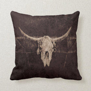 Bull Skull Western Country Brown Beige Old Rustic Throw Pillow