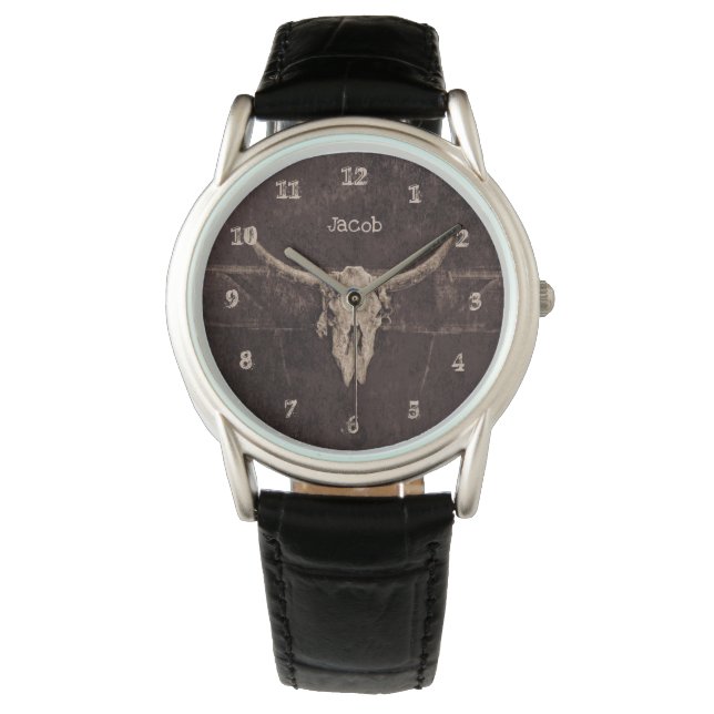Bull Skull Western Country Brown Beige Old Rustic Watch (Front)