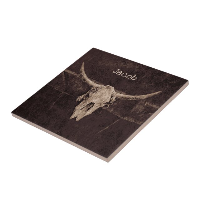 Bull Skull Western Country Brown Beige Rustic Old Ceramic Tile (Side)