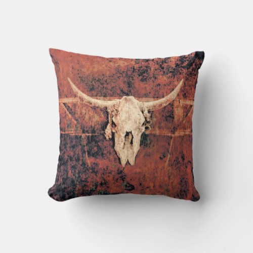 Bull Skull Western Country Brown Black Rustic Art Throw Pillow
