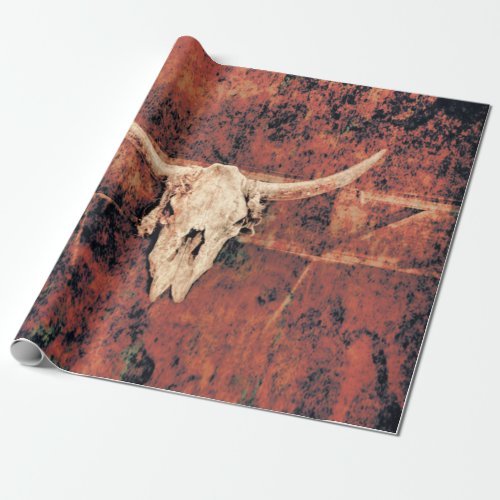 Bull Skull Western Country Brown Black Rustic Art Wrapping Paper