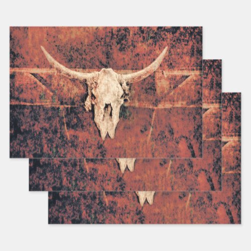 Bull Skull Western Country Brown Black Rustic Art Wrapping Paper Sheets