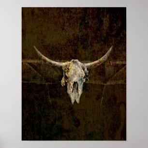 Bull Skull Western Country Brown Old Rustic Grunge Poster