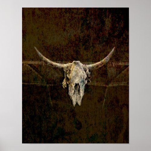 Bull Skull Western Country Brown Old Rustic Grunge Poster