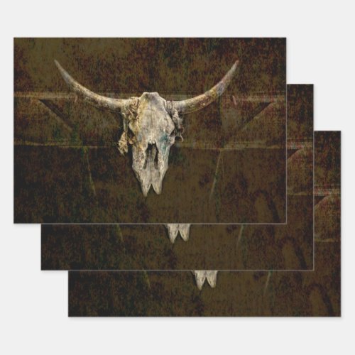 Bull Skull Western Country Brown Old Rustic Grunge Wrapping Paper Sheets