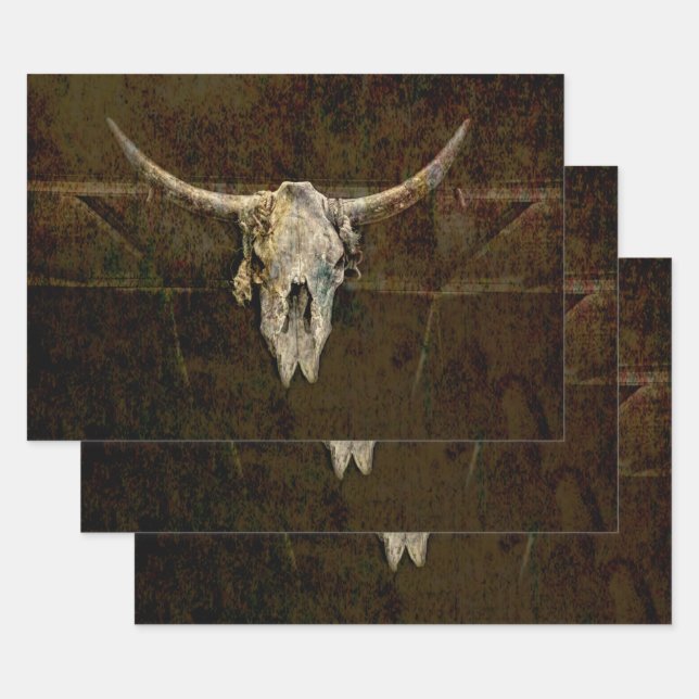 Bull Skull Western Country Brown Old Rustic Grunge Wrapping Paper Sheets (Set)