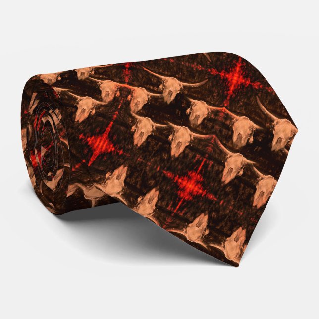 Bull Skull Western Country Brown Red Rustic Neck Tie (Rolled)