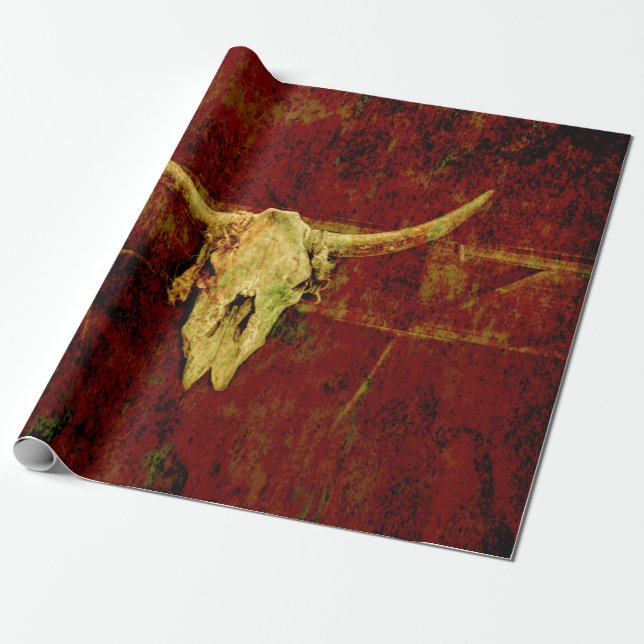 Bull Skull Western Country Brown Rustic Grunge Art Wrapping Paper (Unrolled)