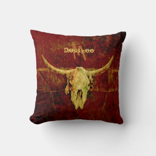 Bull Skull Western Country Brown Rustic Monogram Throw Pillow