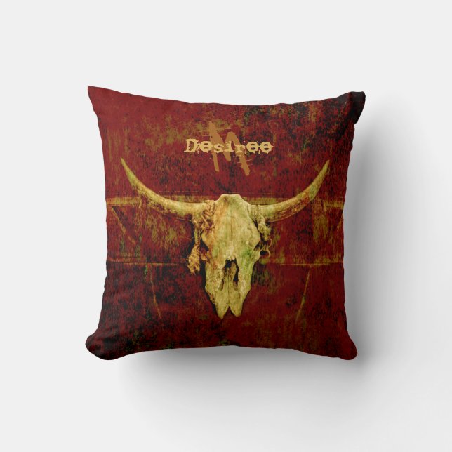 Bull Skull Western Country Brown Rustic Monogram Throw Pillow (Front)