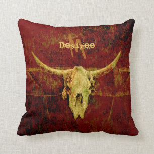 Bull Skull Western Country Brown Rustic Monogram Throw Pillow
