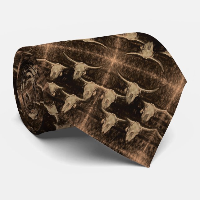Bull Skull Western Country Brown Sepia Rustic Art Neck Tie (Rolled)