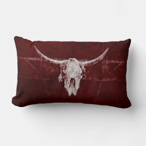 Bull Skull Western Country Burgundy Red Old Rustic Lumbar Pillow