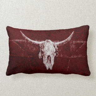 Bull Skull Western Country Burgundy Red Old Rustic Lumbar Pillow