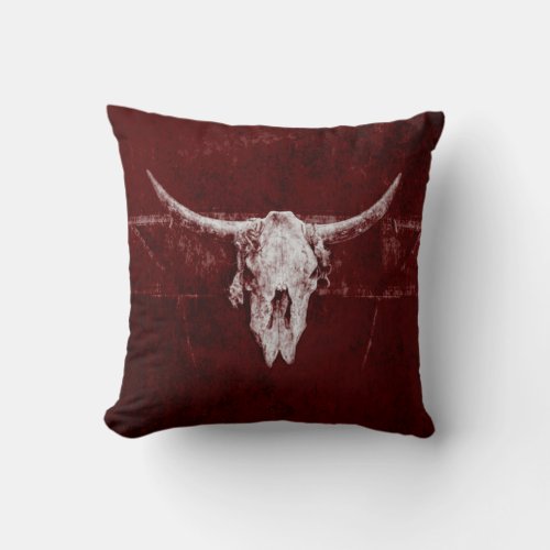Bull Skull Western Country Burgundy Red Old Rustic Throw Pillow