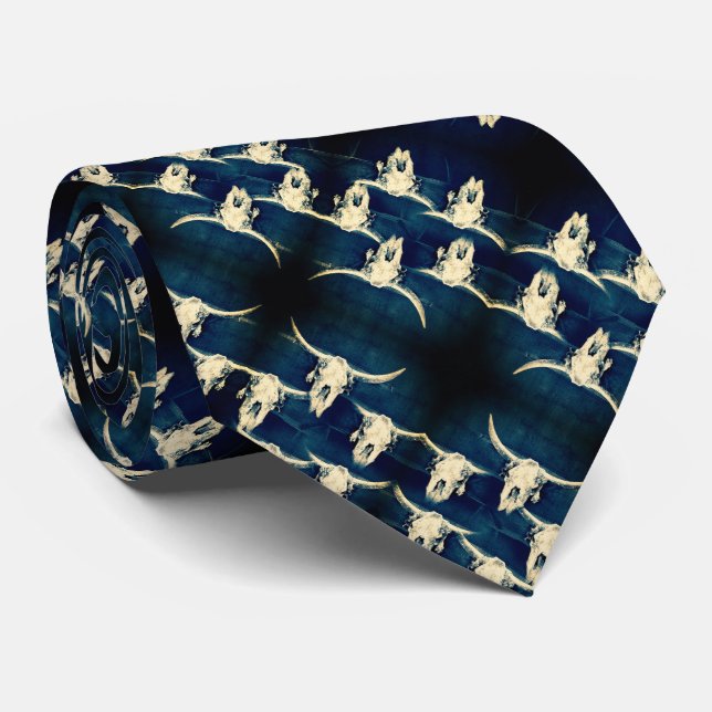 Bull Skull Western Country Indigo Blue Rustic Neck Tie (Rolled)