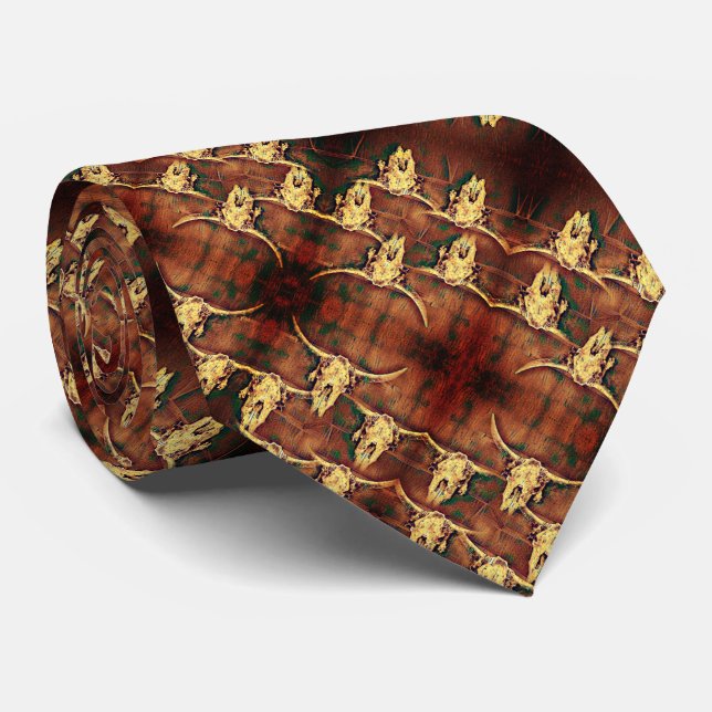Bull Skull Western Country Rustic Plaid Style Neck Tie (Rolled)