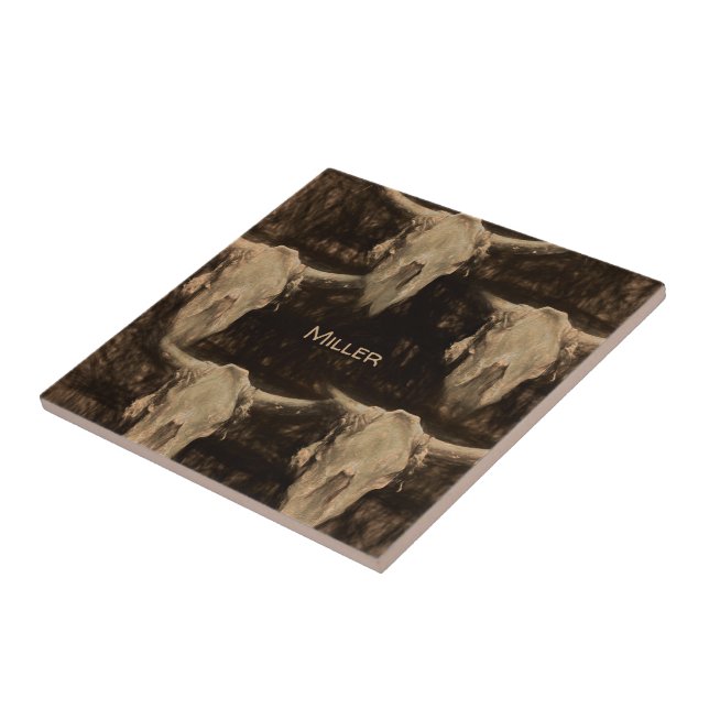 Bull Skull Western Rustic Country Brown Sepia Art Ceramic Tile (Side)