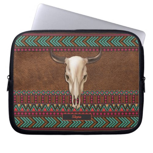 Bull Skull Western Tribal Pattern Tooled Leather  Laptop Sleeve