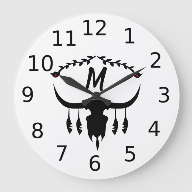 Bull Skull with Black Feathers Silhouette Large Clock (Front)