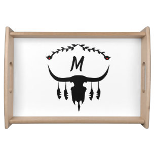 Bull Skull with Black Feathers Silhouette Serving Tray