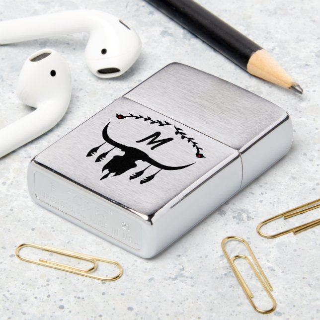 Bull Skull with Black Feathers Silhouette Zippo Lighter (On Table 2)
