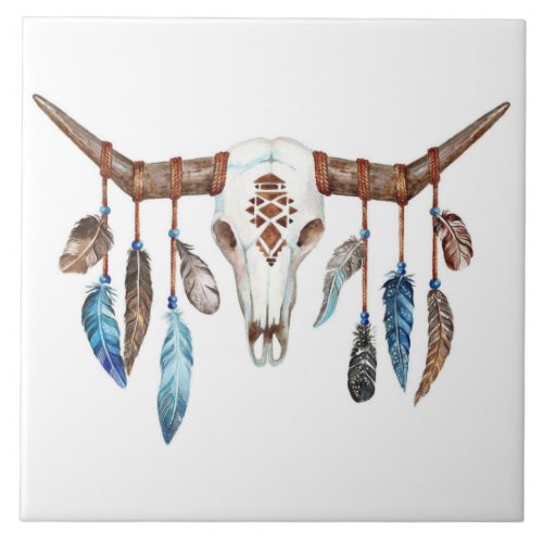 Bull Skull with feathers background Ceramic Tile