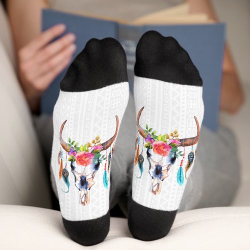 Bull Skull With Flowers And Feathers  Socks