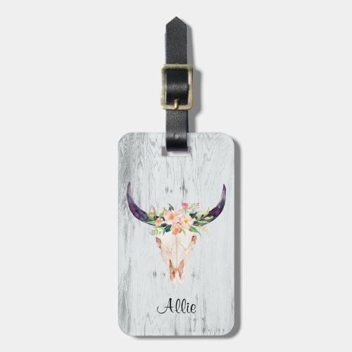 Bull Skull with Pink Flowers Luggage Tag
