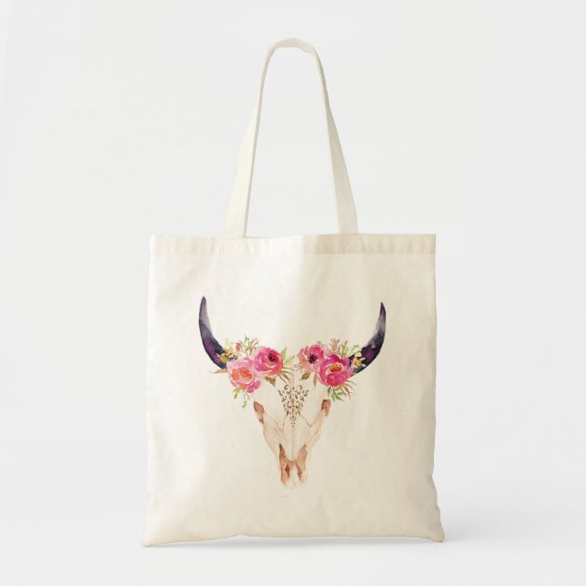 Bull Skull with Pink Flowers Tote Bag (Front)