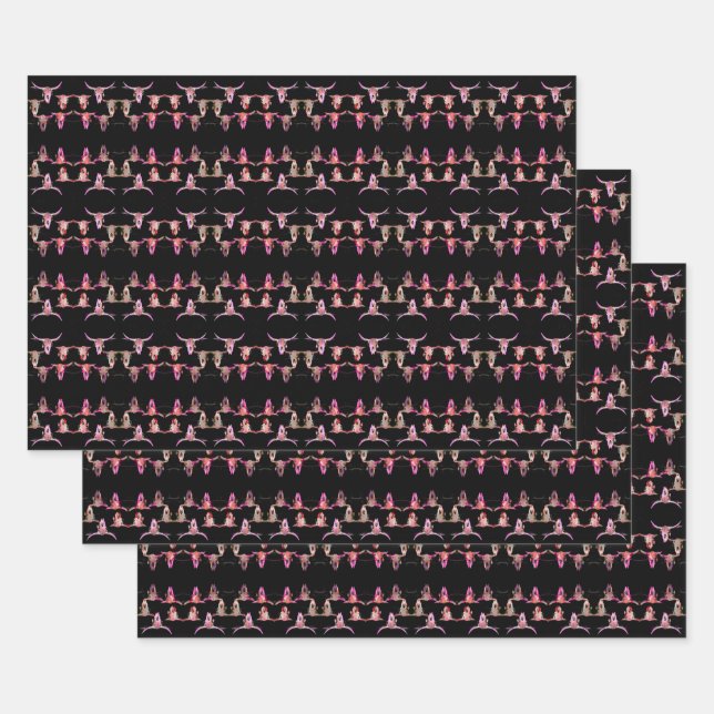 Bull Skulls Western Pink Brown Black Rustic Wrapping Paper Sheets (Set)
