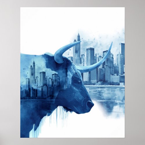 Bull Stock Market Watercolor Chicago Skyline Poster