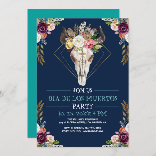 Bull sugar skull tribal flower Dia De Los Muertos Invitation