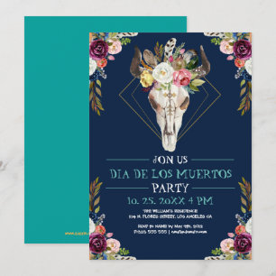 Bull sugar skull tribal flower Dia De Los Muertos Invitation
