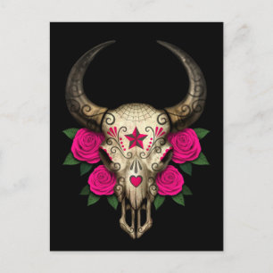 Bull Sugar Skull with Pink Roses on Black Postcard