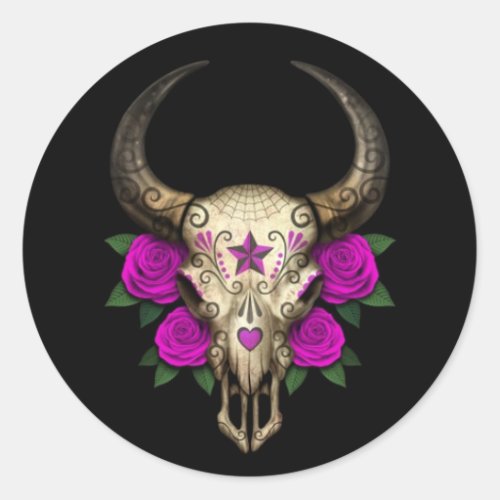 Bull Sugar Skull with Purple Roses on Black Classic Round Sticker