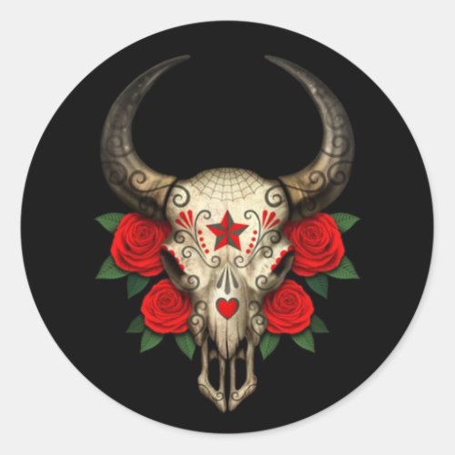 Bull Sugar Skull with Red Roses on Black Classic Round Sticker