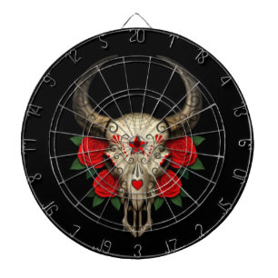 Bull Sugar Skull with Red Roses on Black Dartboard